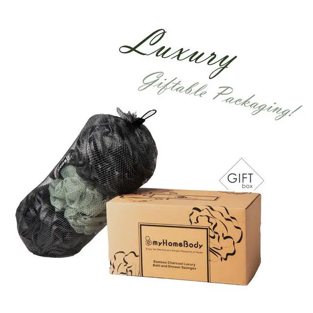 Alt view image 6 of 6 - Large 70g Loofah Sponge, 2 Graphite Gray + 1 Sage Green, 3 Pack | Exfoliating Shower Pouf with Activated Charcoal, Bath Body Scrubber for Women, Men, Shower Loofah, Body Wash, Loofah Sponge