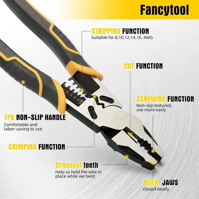 Alt view image 2 of 7 - Linesman Pliers Wire Stripper Crimper Cutter Combination Tool, 9" 6-in-1 Heavy Duty Cr-V Steel Pliers for Gripping, Stripping, Crimping, Electrical Work