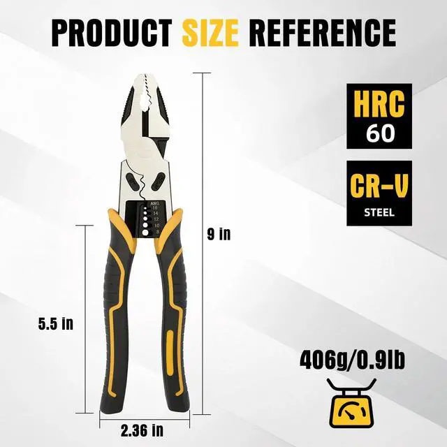 Alt view image 7 of 7 - Linesman Pliers Wire Stripper Crimper Cutter Combination Tool, 9" 6-in-1 Heavy Duty Cr-V Steel Pliers for Gripping, Stripping, Crimping, Electrical Work