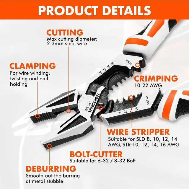 Alt view image 3 of 7 - 8-in-1 Linesman Pliers with Wire Cutter and Stripper, 8 Inch | Multipurpose Premium CR-V Twisting Cutting, Screw Clamping,Crimping and Bolt Shearing, Ergonomic Grip, Home Maintenance 3238