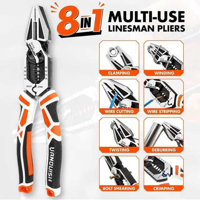 Alt view image 4 of 7 - 8-in-1 Linesman Pliers with Wire Cutter and Stripper, 8 Inch | Multipurpose Premium CR-V Twisting Cutting, Screw Clamping,Crimping and Bolt Shearing, Ergonomic Grip, Home Maintenance 3238