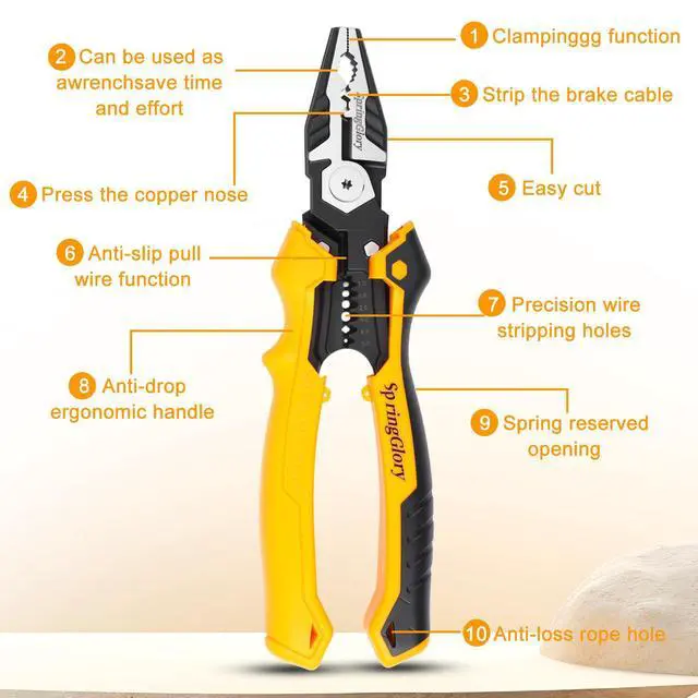 Alt view image 2 of 7 - 7-in-1 Linesman Pliers,9 inch Multipurpose Combination Pliers with Wire Stripper/Crimper/Cutter/Brake Cable Stripper Function, Heavy Duty Side-Cutting Pliers.