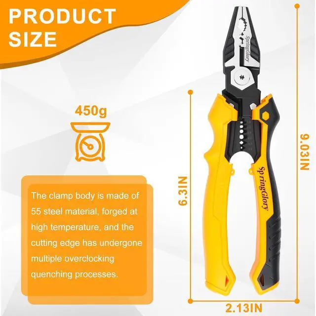 Alt view image 4 of 7 - 7-in-1 Linesman Pliers,9 inch Multipurpose Combination Pliers with Wire Stripper/Crimper/Cutter/Brake Cable Stripper Function, Heavy Duty Side-Cutting Pliers.