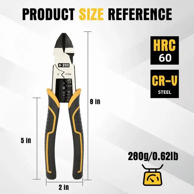 Alt view image 7 of 7 - Multi-Function Diagonal Pliers, 8-inch 4-in-1 Cr-V Steel Heavy Duty Side-Cutting Pliers with Cutting, Stripping, Crimping, and Gripping for Electricians and Homes