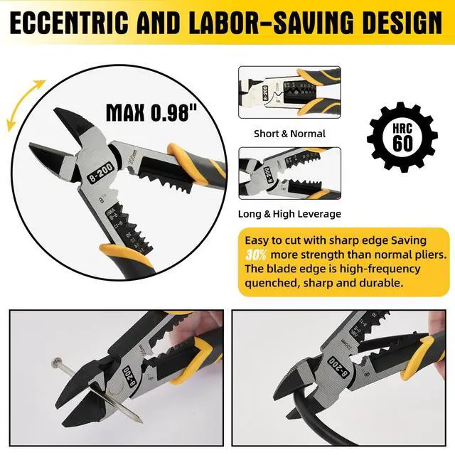 Alt view image 5 of 7 - Multi-Function Diagonal Pliers, 8-inch 4-in-1 Cr-V Steel Heavy Duty Side-Cutting Pliers with Cutting, Stripping, Crimping, and Gripping for Electricians and Homes