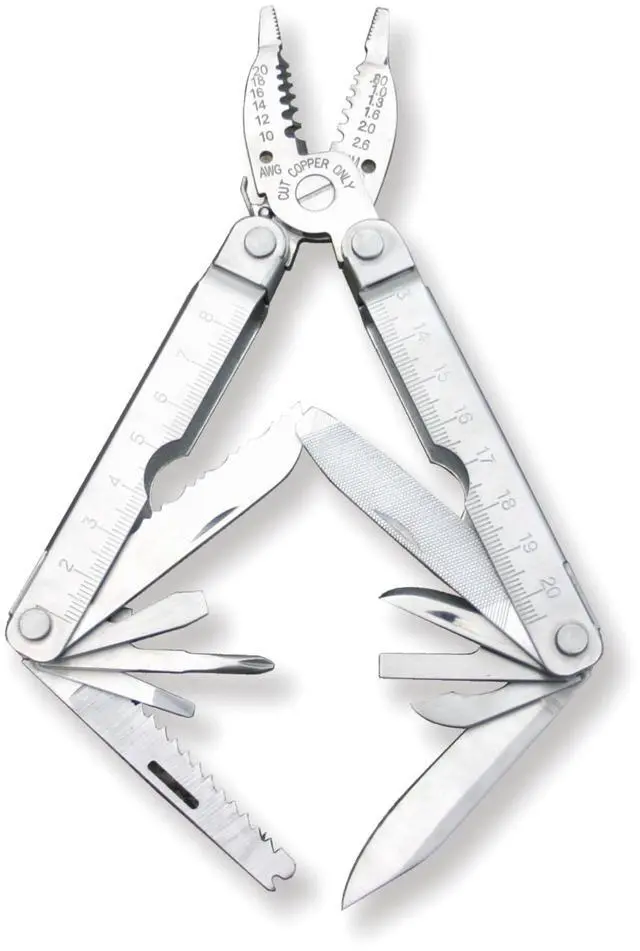 Main image of PLB024 Stainless steel multi-function plier. 24 functions with saw, wire strippers and screwdrivers, can and bottle opener, knife, file. Hand size and easy to carry and use indoor, outdoor