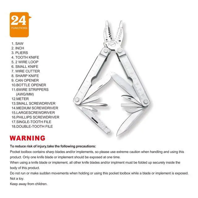 Alt view image 4 of 7 - PLB024 Stainless steel multi-function plier. 24 functions with saw, wire strippers and screwdrivers, can and bottle opener, knife, file. Hand size and easy to carry and use indoor, outdoor