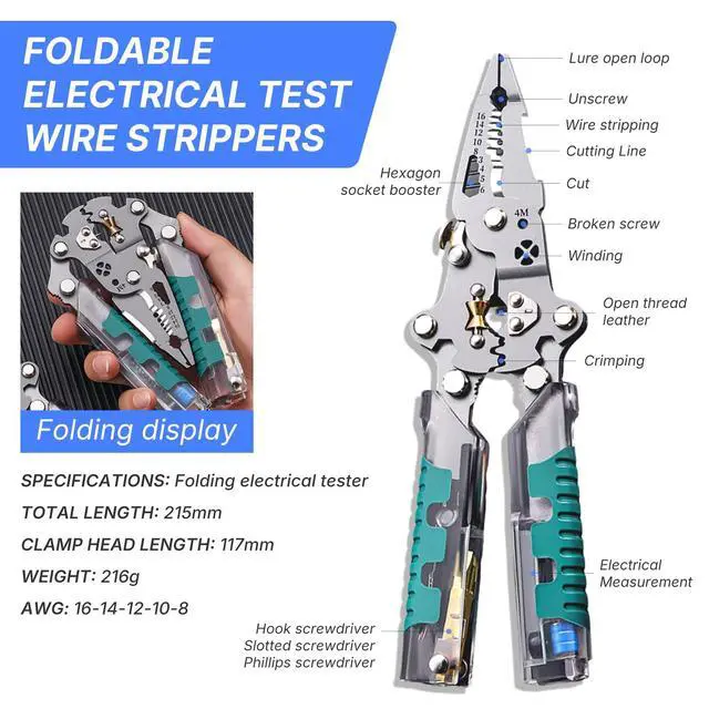 Alt view image 5 of 7 - Folding Stylus Screwdriver Wire Stripper, 18-in-1 Multifunctional Tuvilo Electrical Pliers, Chrome Vanadium Steel, Wire Cutter with Electricity Tester, Crimper, Cable Splitter for Electrical Work