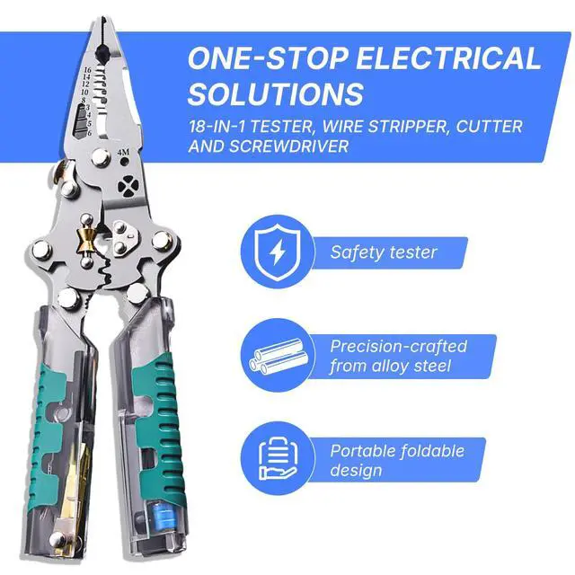 Alt view image 6 of 7 - Folding Stylus Screwdriver Wire Stripper, 18-in-1 Multifunctional Tuvilo Electrical Pliers, Chrome Vanadium Steel, Wire Cutter with Electricity Tester, Crimper, Cable Splitter for Electrical Work