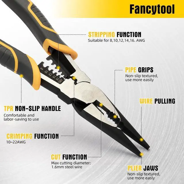 Alt view image 2 of 7 - Multi-Function Needle Nose Pliers with Cutting, Stripping, Crimping and Gripping, 9-inch 6-in-1 Cr-V Steel Combination Pliers for Electricians and Homes