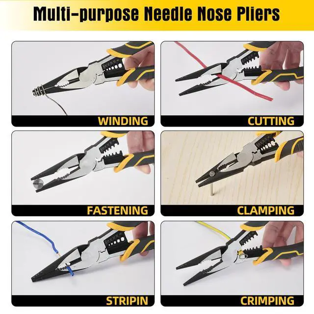Alt view image 4 of 7 - Multi-Function Needle Nose Pliers with Cutting, Stripping, Crimping and Gripping, 9-inch 6-in-1 Cr-V Steel Combination Pliers for Electricians and Homes