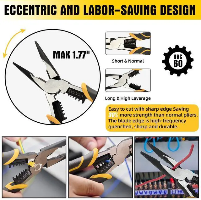 Alt view image 5 of 7 - Multi-Function Needle Nose Pliers with Cutting, Stripping, Crimping and Gripping, 9-inch 6-in-1 Cr-V Steel Combination Pliers for Electricians and Homes