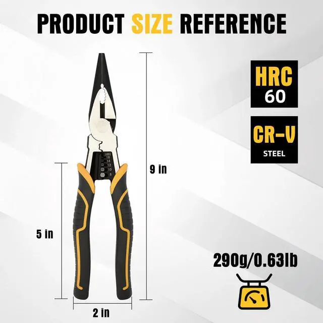 Alt view image 7 of 7 - Multi-Function Needle Nose Pliers with Cutting, Stripping, Crimping and Gripping, 9-inch 6-in-1 Cr-V Steel Combination Pliers for Electricians and Homes