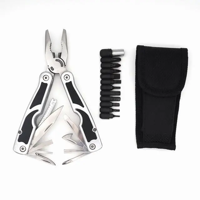 Main image of PLB027 stainless steel multi-function plier. 27 functions with knife, fish scaler, screwdrivers, can and bottle opener, 11 bits and 1 socket. Hand size and easy to carry and use indoor, outdoor