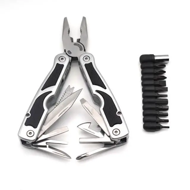 Alt view image 2 of 7 - PLB027 stainless steel multi-function plier. 27 functions with knife, fish scaler, screwdrivers, can and bottle opener, 11 bits and 1 socket. Hand size and easy to carry and use indoor, outdoor