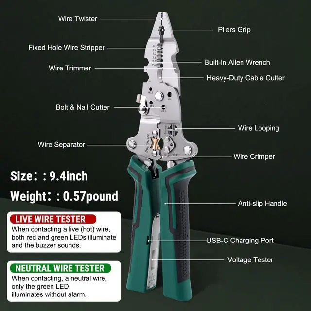 Alt view image 5 of 7 - Multi-Function Foldable Wire Stripper with Voltage Tester, Professional Foldable Multi-Tool Pliers for Electricians, 18-in-1 Wire Stripper & Tester for Stripping, Shearing, Peeling, Cutting