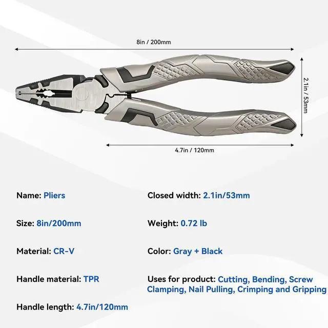 Alt view image 2 of 6 - 8 Inch Linesman Pliers with Wire Cutters | Heavy Duty Linesman Combination Tool with Serrated Jaws & Non-Slip Grips for Cutting, Bending, Crimping and Screw Clamping