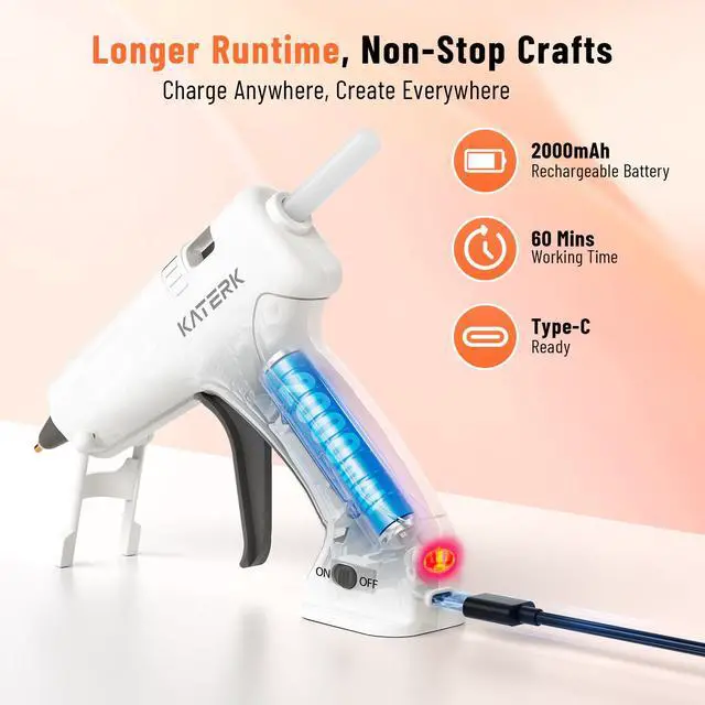Alt view image 5 of 7 - 3.7V Cordless Hot Glue Gun Kit with 15 Glue Sticks, 90s Fast Heating | USB-C Rechargeable with 2000mAh Built-in Battery, Compact and Portable for DIY, Gift Making, School Crafts & Repairs (White)