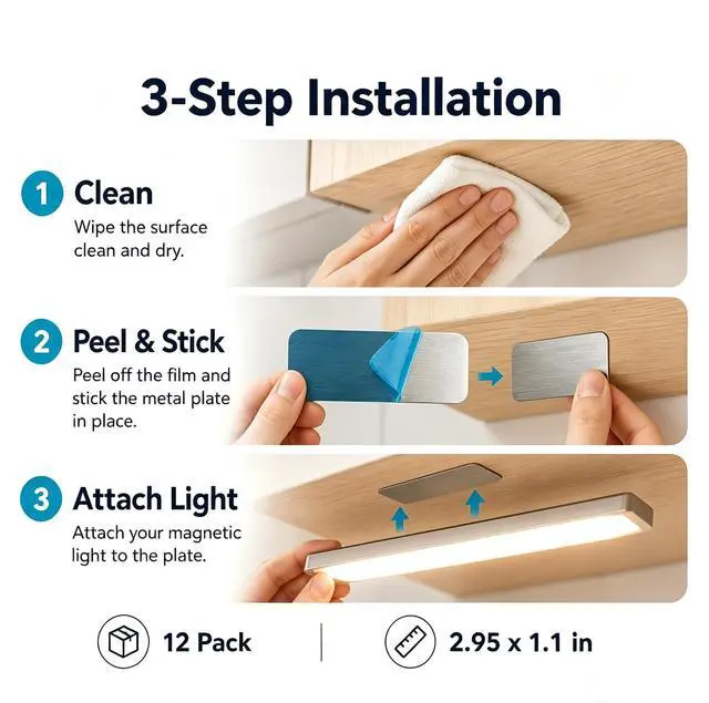 Alt view image 3 of 7 - 12 Pcs Under Cabinet Lights Magnetic stickys Replacement Magnetic Strips | with Adhesive Backing for Rechargeable Motion Sensor Lights Wireless Under Counter Light for Cabinet Lighting