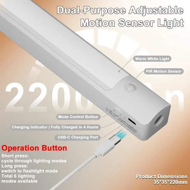 Alt view image 4 of 7 - Under Cabinet Motion Sensor Light - Rechargeable USB-C Magnetic LED | Rechargeable under cabinet light with sensor, 2200mAh, 40 LED, magnetic mount, flashlight modes, and USB-C charging.