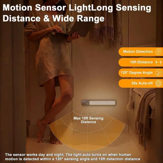 Alt view image 3 of 7 - Under Cabinet Motion Sensor Light - Rechargeable USB-C Magnetic LED | Rechargeable under cabinet light with sensor, 2200mAh, 40 LED, magnetic mount, flashlight modes, and USB-C charging.