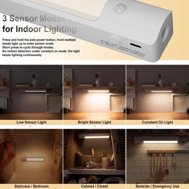 Alt view image 5 of 7 - Under Cabinet Motion Sensor Light - Rechargeable USB-C Magnetic LED | Rechargeable under cabinet light with sensor, 2200mAh, 40 LED, magnetic mount, flashlight modes, and USB-C charging.