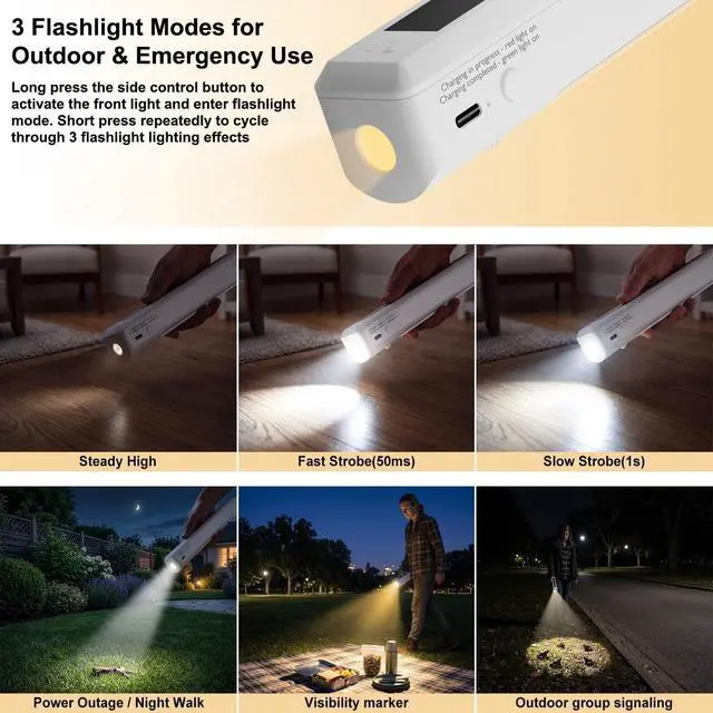 Alt view image 6 of 7 - Under Cabinet Motion Sensor Light - Rechargeable USB-C Magnetic LED | Rechargeable under cabinet light with sensor, 2200mAh, 40 LED, magnetic mount, flashlight modes, and USB-C charging.