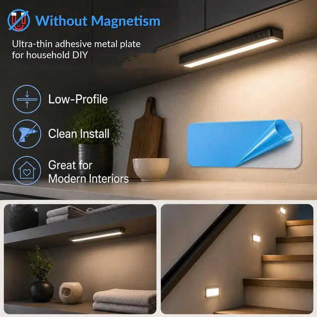 Alt view image 7 of 7 - 12pcs Under Cabinet Light Magnetic Strip, Replacement Magnetic Strips with Adhesive Backing for Rechargeable Motion Sensor Lights Wireless Under Counter Light in Kitchen Stairs Closet and Bedroom