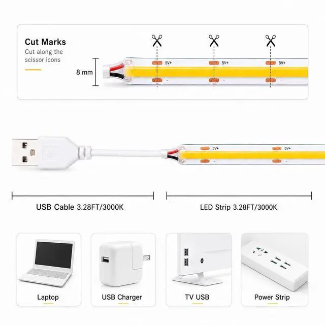 Alt view image 3 of 7 - COB LED Strip Light 5V USB, 3000K Warm White Non-Dimmable, 3.28FT/1M Short Flexible Small LEDs for Display Cabinet Lighting, DIY Home, TV Backlight, Indoor Use