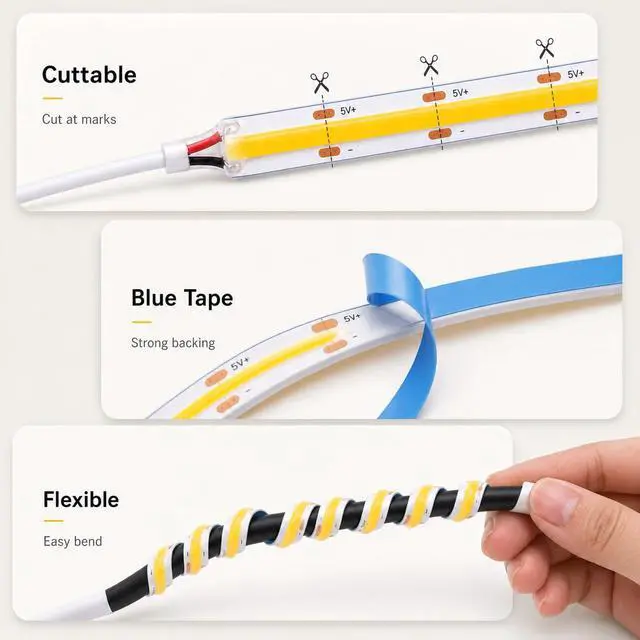 Alt view image 5 of 7 - COB LED Strip Light 5V USB, 3000K Warm White Non-Dimmable, 3.28FT/1M Short Flexible Small LEDs for Display Cabinet Lighting, DIY Home, TV Backlight, Indoor Use