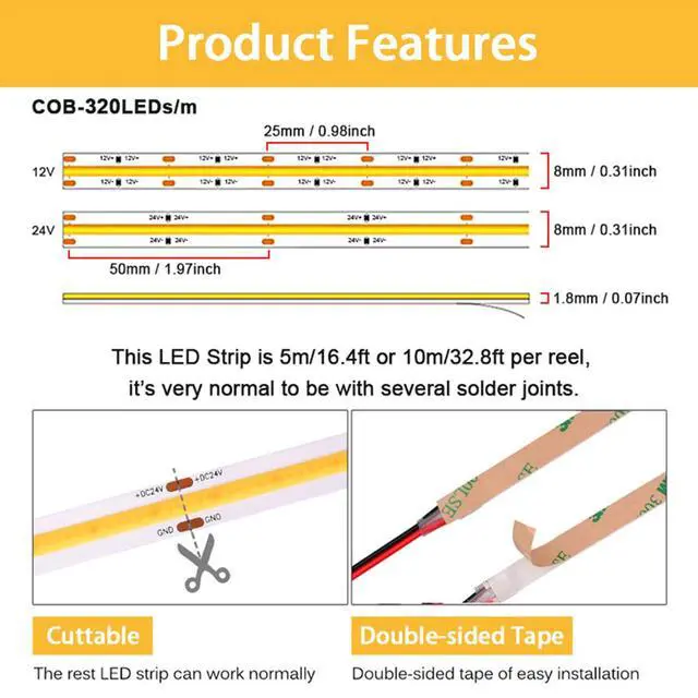 Alt view image 7 of 7 - DC24V COB LED Strip Light 16.4FT CRI80+ 1600LEDs 4000K White LED Light | Flexible Super Bright Uniform Glow Bendable Tape Light 4000K Natural White Dimmable Strip for Bedroom Home Decor