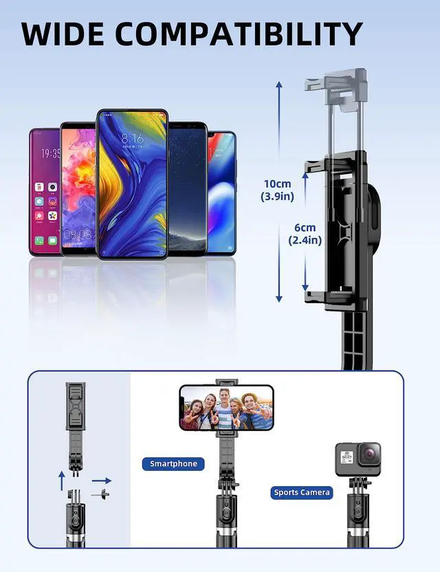 Alt view image 4 of 7 - 41'' Selfie Stick Tripod, Extendable Portable 4 in 1 Aluminum Phone Tripod with Wireless Remote 360° Rotation Travel Smartphone Tripods Stand Compatible with iPhone 17/16/15/14/Android (Black)