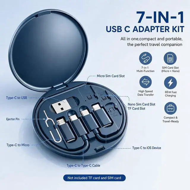 Alt view image 3 of 6 - USB C Adapter Kit, Multi Charging Cable Case Convertor USB C to iOS Device Type C Micro Adapter Data Transfer Contains Card Slot for Traveling, Use as Phone Holder(Midnight Blue)