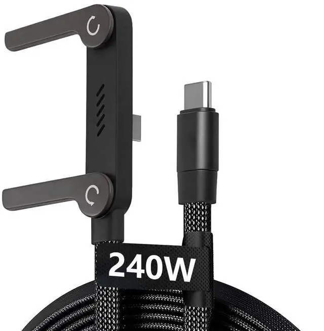 Main image of 240W USB C Cable with Foldable Stand, 4.9FT, 90 Degree, Black | 240W USB-C cable with built-in foldable stand for hands-free charging and gaming