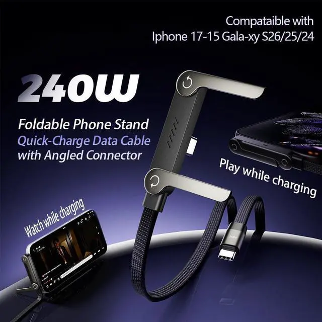 Alt view image 2 of 7 - 240W USB C Cable with Foldable Stand, 4.9FT, 90 Degree, Black | 240W USB-C cable with built-in foldable stand for hands-free charging and gaming
