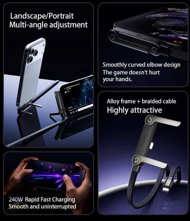 Alt view image 3 of 7 - 240W USB C Cable with Foldable Stand, 4.9FT, 90 Degree, Black | 240W USB-C cable with built-in foldable stand for hands-free charging and gaming