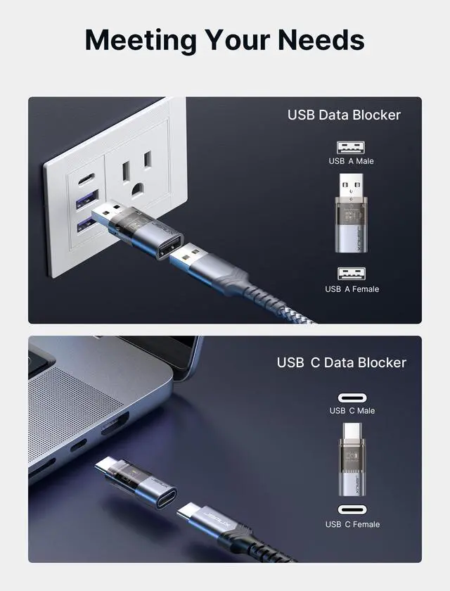 Alt view image 3 of 7 - USB Data Blocker & USB C Data Blocker, Charge-Only, 4-Pack, Grey | Data Blocker for Public Charging, Juice Jacking Protection, Travel-Ready