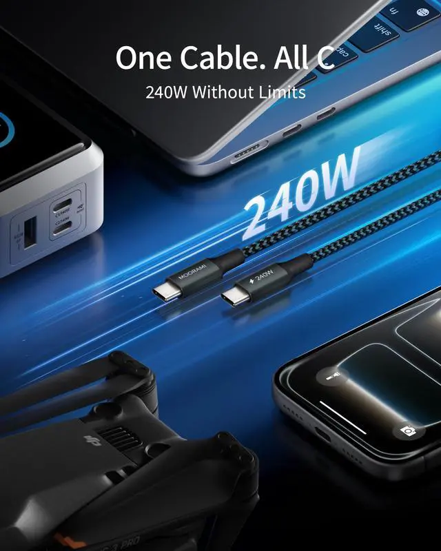 Alt view image 2 of 7 - 2-Pack 0.5ft 240W USB C to C Cable, Power Bank Pocket Charging | Short 6-Inch Portable Cord | PD 3.1 Fast Charge | For iPhone 17 16 15 Samsung | 48-Braided | 480Mbps Data Transfer