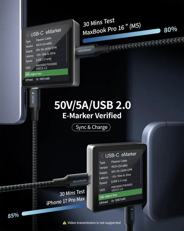 Alt view image 3 of 7 - 2-Pack 0.5ft 240W USB C to C Cable, Power Bank Pocket Charging | Short 6-Inch Portable Cord | PD 3.1 Fast Charge | For iPhone 17 16 15 Samsung | 48-Braided | 480Mbps Data Transfer