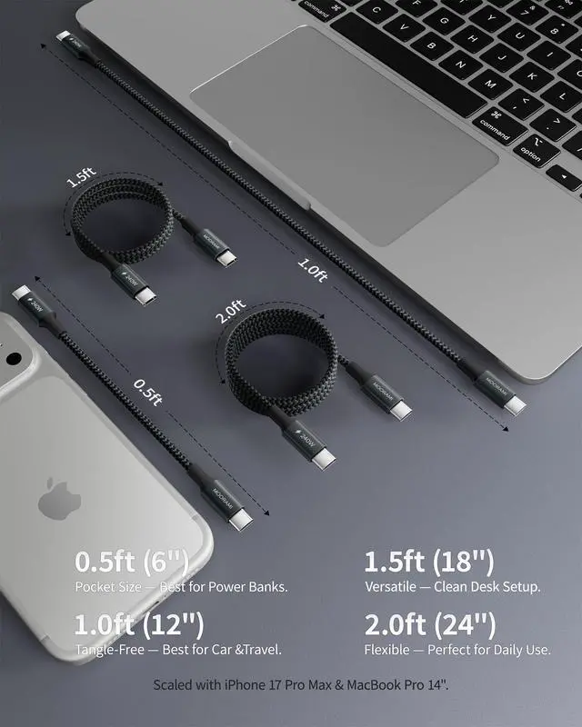 Alt view image 6 of 7 - 2-Pack 0.5ft 240W USB C to C Cable, Power Bank Pocket Charging | Short 6-Inch Portable Cord | PD 3.1 Fast Charge | For iPhone 17 16 15 Samsung | 48-Braided | 480Mbps Data Transfer