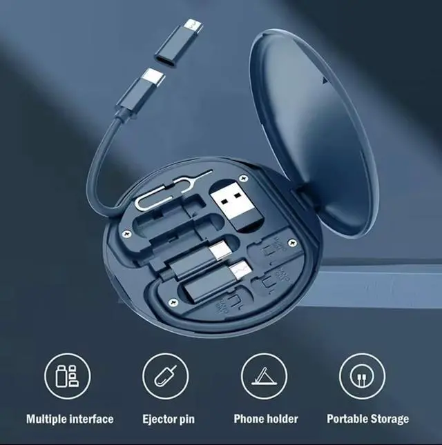 Alt view image 3 of 7 - Multi USB Charging Adapter Kit, USB-C to iOS/Micro, Data Transfer, Card Storage, SIM Pin, Phone Holder, Type-C Converter Set A, Compact Portable Travel Cable Box Navy Blue