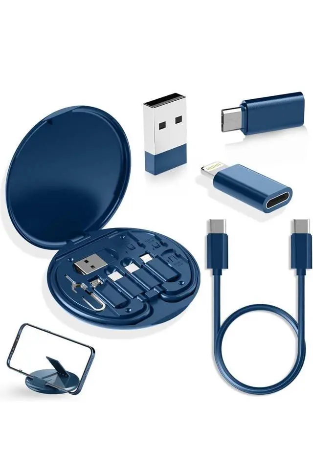 Alt view image 5 of 7 - Multi USB Charging Adapter Kit, USB-C to iOS/Micro, Data Transfer, Card Storage, SIM Pin, Phone Holder, Type-C Converter Set A, Compact Portable Travel Cable Box Navy Blue