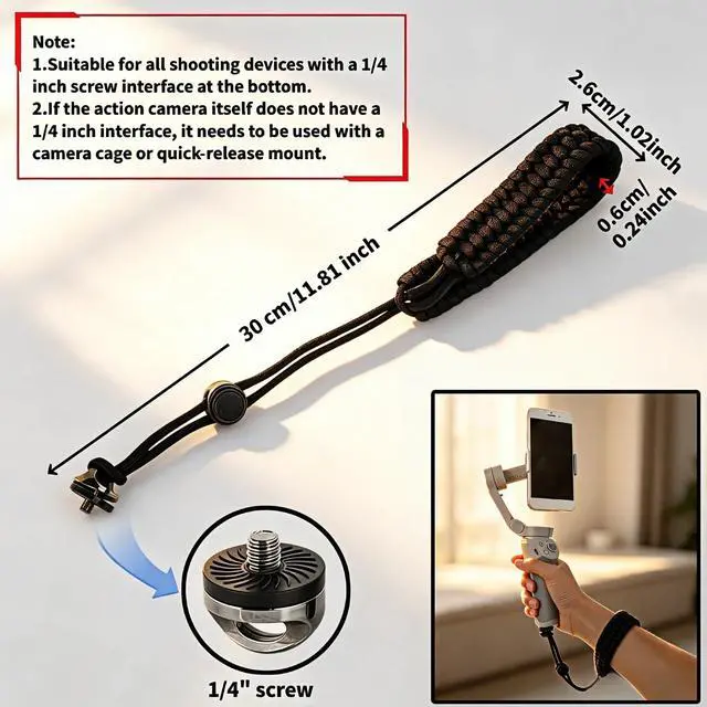 Alt view image 5 of 7 - Camera Wrist Strap 1/4" Screw Quick Release, Adjustable Nylon Anti-Drop Tether for DSLR Mirrorless Action Camera Gimbal Selfie Stick 360, Lightweight 33g with Cushion Pad