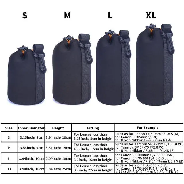Alt view image 4 of 6 - S Size (Small) Camera Lens Pouch, Thick Protective Neoprene Bag Storage Cover Case with Drawstring Design, Soft Plush Interior, Compatible for Canon, for Nikon, for Sony DSLR Lenses