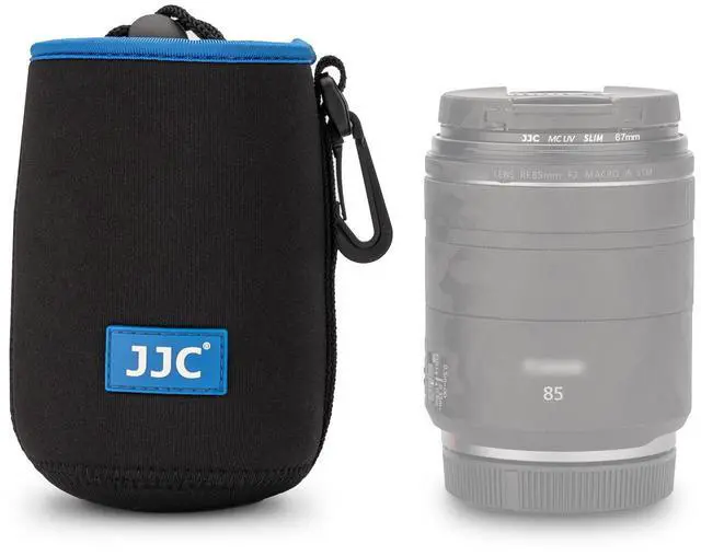 Main image of Neoprene Camera Lens Pouch Case, Drawstring Bag for Lens up to 3.3x5.1" | Water-Resistant, Soft Padded, with Carabiner, Compatible with Canon RF 85mm, EF-S 18-135mm, Sony E 18-105mm, E 55-210mm