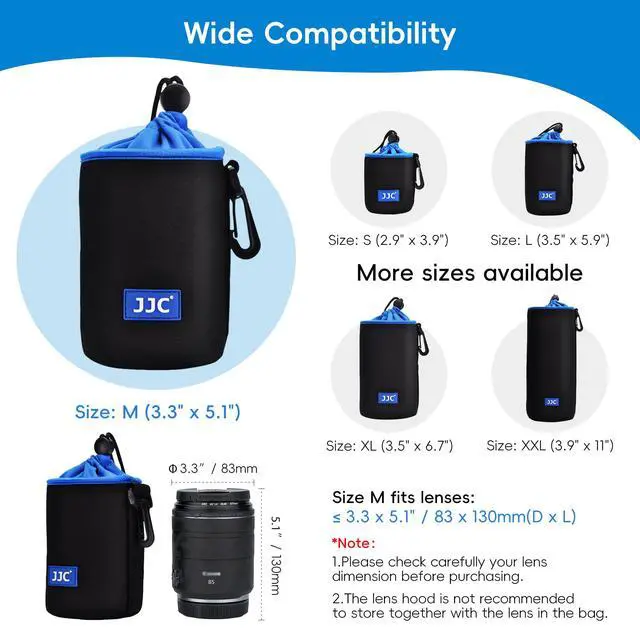 Alt view image 3 of 6 - Neoprene Camera Lens Pouch Case, Drawstring Bag for Lens up to 3.3x5.1" | Water-Resistant, Soft Padded, with Carabiner, Compatible with Canon RF 85mm, EF-S 18-135mm, Sony E 18-105mm, E 55-210mm