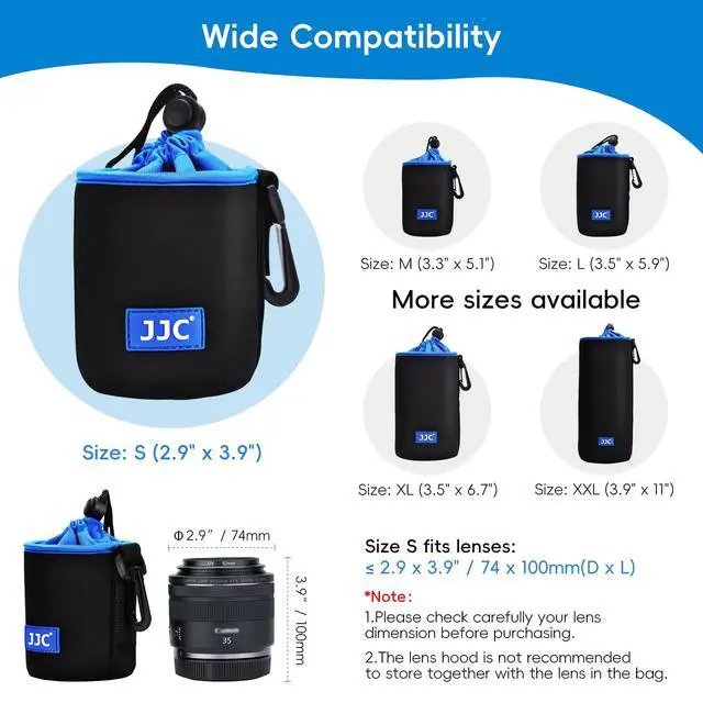 Alt view image 3 of 6 - Neoprene Camera Lens Pouch Case, Drawstring Bag for Lens up to 2.9x3.9" | Water-Resistant, Soft Padded, with Carabiner, Compatible with Canon RF 35mm, EF 50mm,EF-S 18-55mm, EF-M 15-45mm, Sony E 50mm