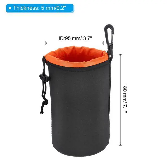 Alt view image 2 of 7 - Camera Lens Bag - 3.7" x 7.1" Drawstring Lens Pouch with Thick Protective Neoprene, Case for DSLR Camera Lenses, Water-Resistant, Black, Orange