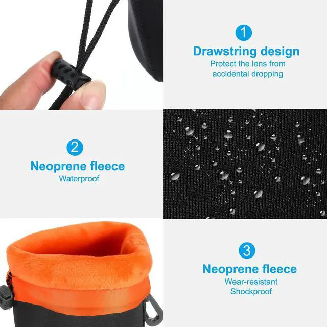 Alt view image 4 of 7 - Camera Lens Bag - 3.7" x 7.1" Drawstring Lens Pouch with Thick Protective Neoprene, Case for DSLR Camera Lenses, Water-Resistant, Black, Orange