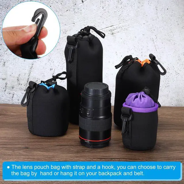 Alt view image 5 of 7 - Camera Lens Bag - 3.7" x 7.1" Drawstring Lens Pouch with Thick Protective Neoprene, Case for DSLR Camera Lenses, Water-Resistant, Black, Orange